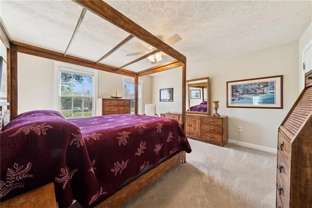 a bedroom with a large bed and a chandelier
