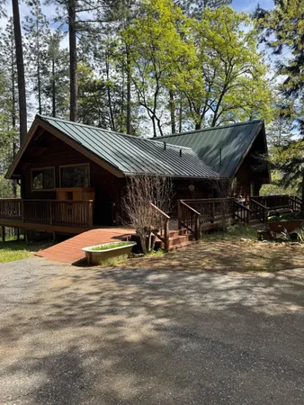 a view of a backyard with large trees