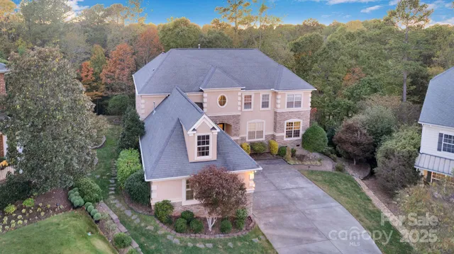 a aerial view of a house with a yard and large tree