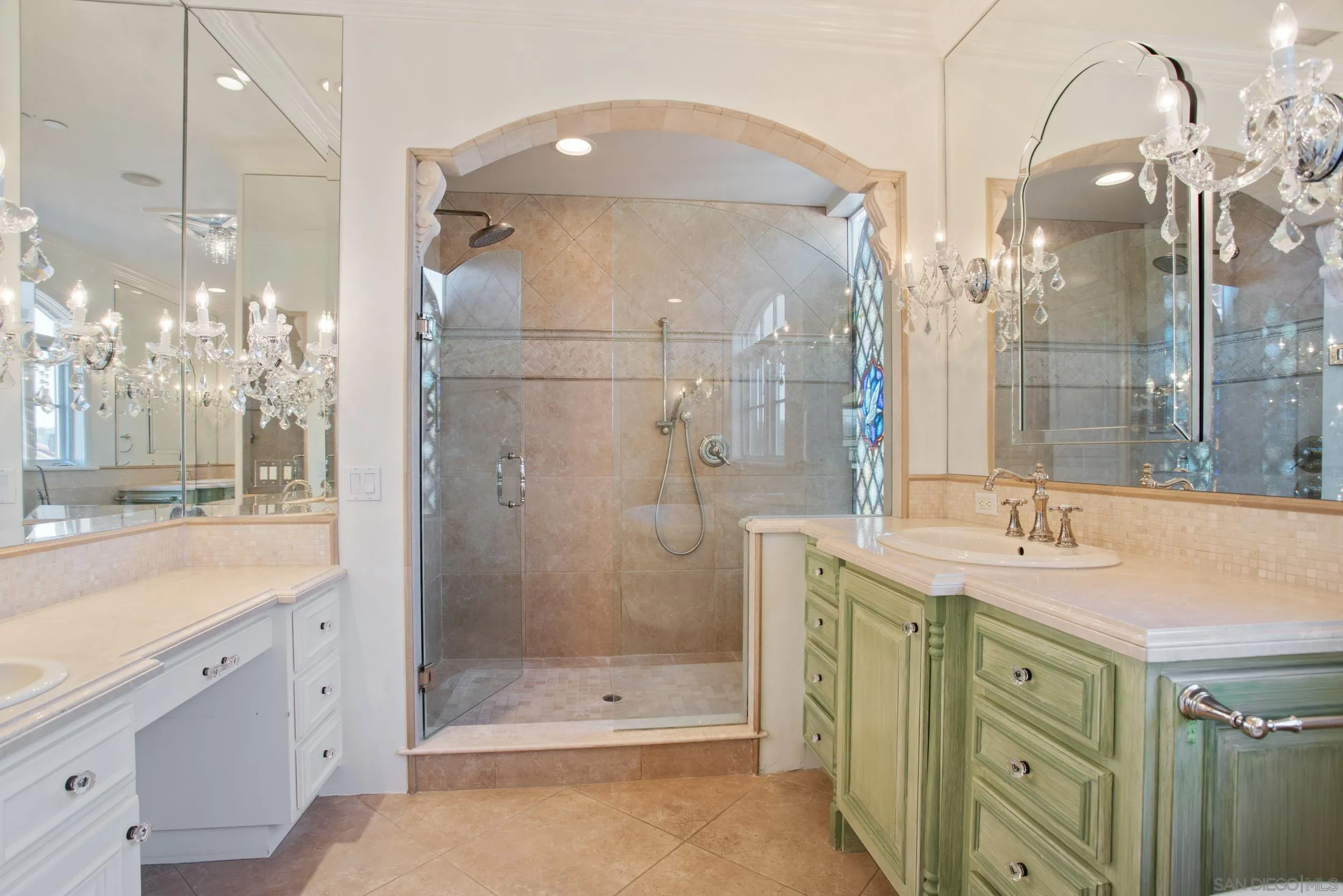 16056 Avenida Calma Rancho Santa Fe, CA 92091 - Photo 27 of 51 a bathroom with a granite countertop sink a shower and a mirror