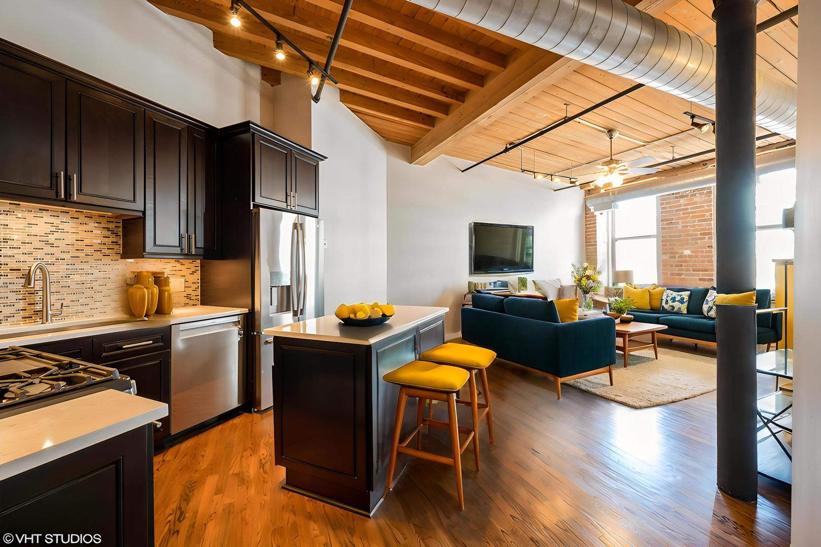 420 South Clinton Street, Unit 617A Chicago, IL 60607 - Photo 8 of 25 a kitchen with stainless steel appliances granite countertop a stove top oven a sink dishwasher a dining table and chairs with wooden floor
