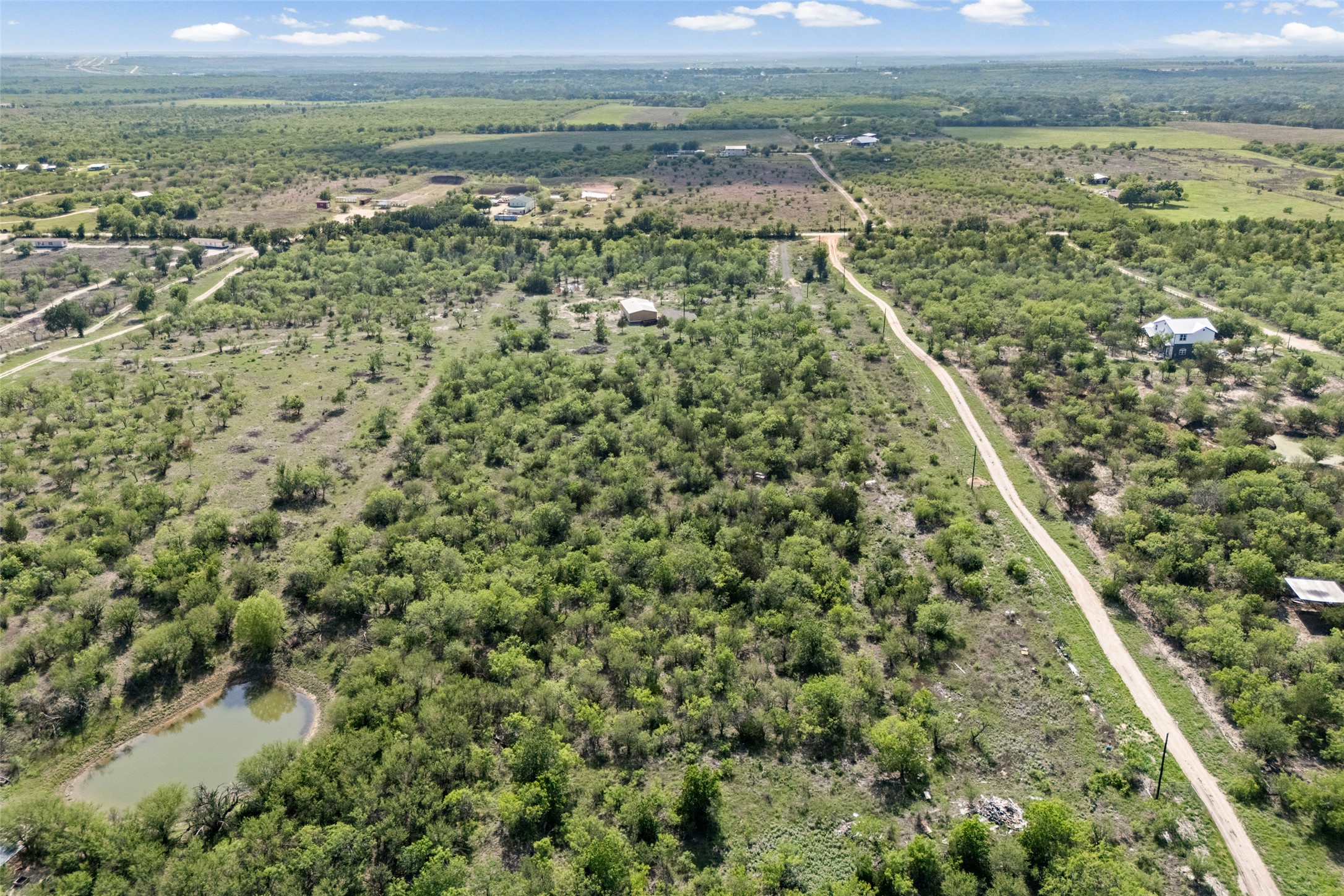 3882 Dry Creek Road Lockhart, TX 78644 - Photo 25 of 34 Expansive undeveloped land featuring a dirt road, multiple trees and shrubs, scattered clearings, and a natural pond