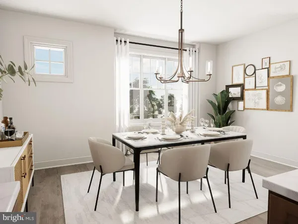 a view of a dining room with furniture and window