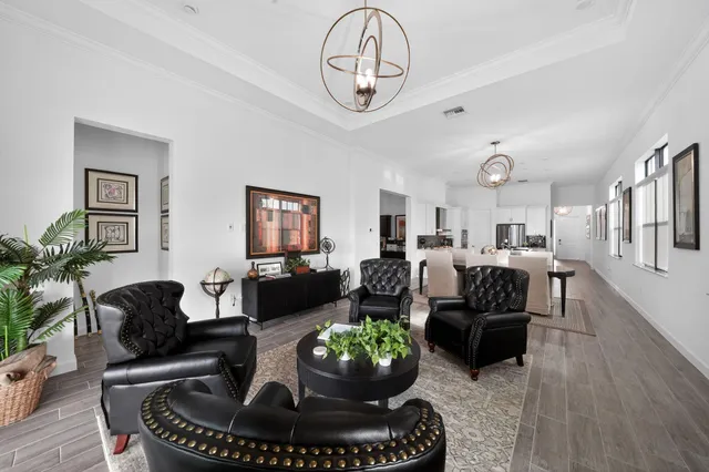 a living room with furniture and a potted plant