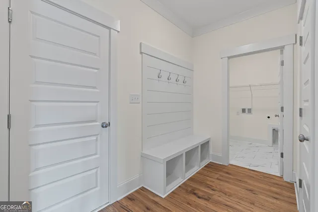 a view of a room with racks on the wall