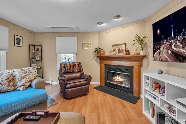 a living room with furniture and a fireplace