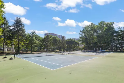a tennis ground with trees in the background