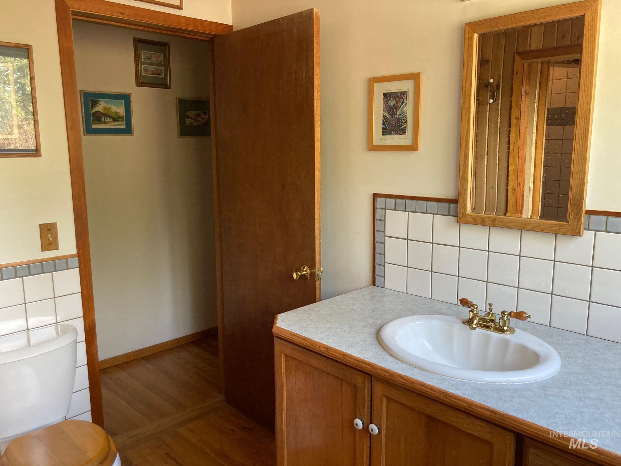 266 Falcon Ridge Road Kooskia, ID 83539 - Photo 15 of 50 Bathroom vanity featuring a built-in oval sink with brass-toned fixtures, a framed mirror, and a tiled backsplash