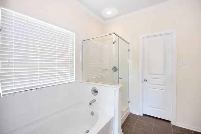 a bathroom with a bathtub and a shower