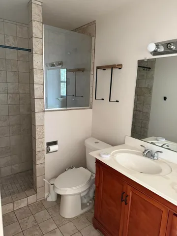 a bathroom with a sink mirror vanity and toilet