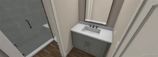 a bathroom with a sink a mirror and a shower