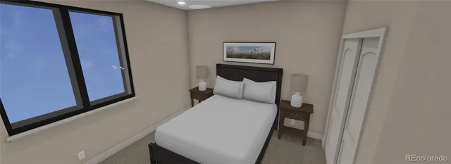 a bedroom with a bed and a mirror