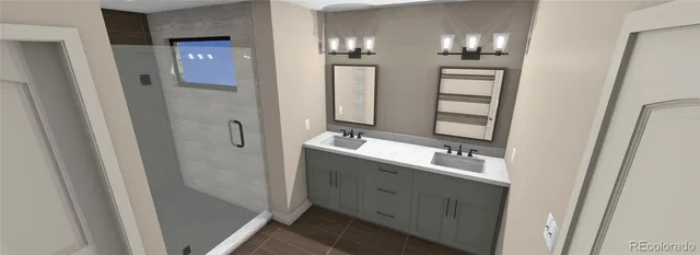 a bathroom with 2 sink tub and a mirror