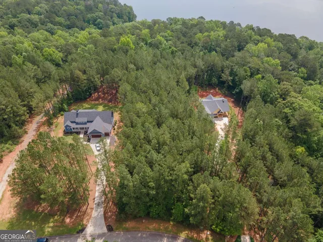 an aerial view of residential house with outdoor space and trees all around