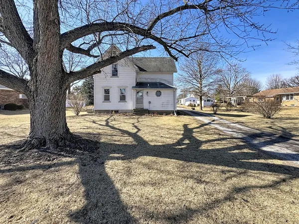 a view of a yard with a large tree