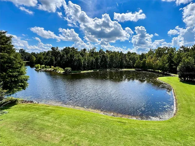 a view of a lake with houses in the back