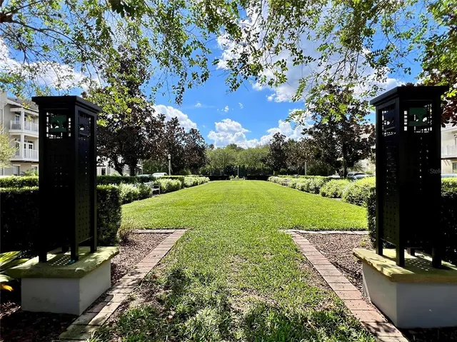a view of a garden with an outdoor space