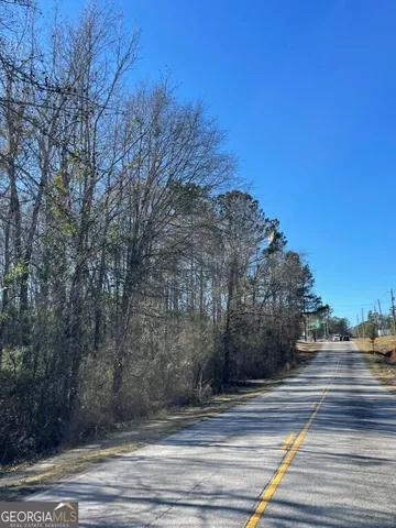 a view of a yard and tree in the background