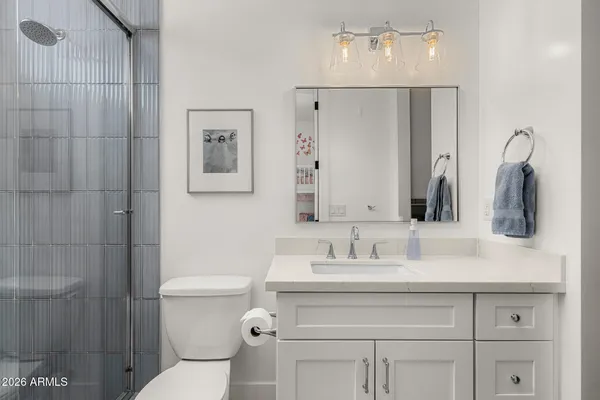 a bathroom with a sink a toilet and shower