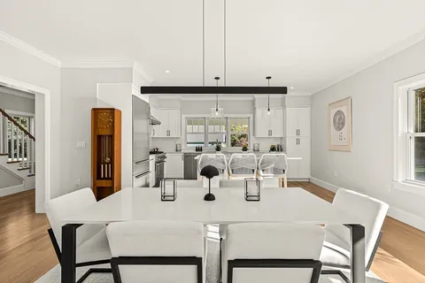 a view of a dining room with furniture