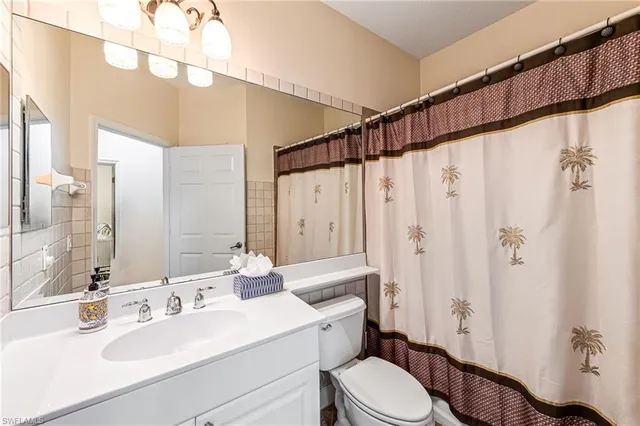 a bathroom with a sink a toilet a mirror and shower curtain