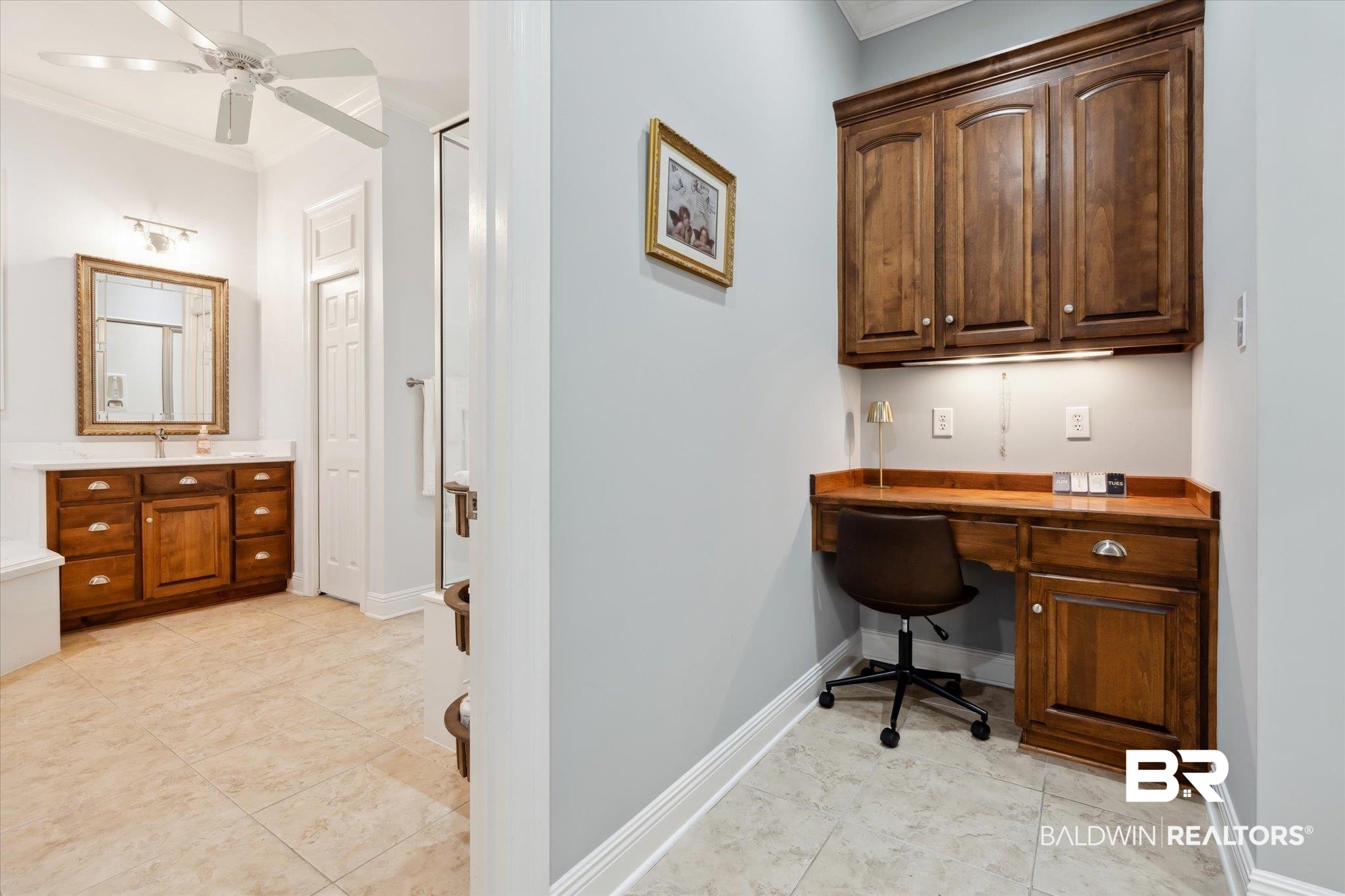 804 Country Club Road Mobile, AL 36609 - Photo 17 of 63 Office area with crown molding, light tile patterned floors, ceiling fan, built in desk, and sink