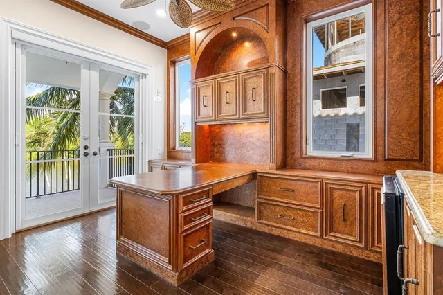 a view of a swimming pool with a lake and a garden