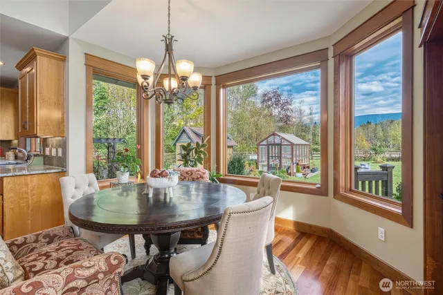 a view of a dining room with furniture window and outside view