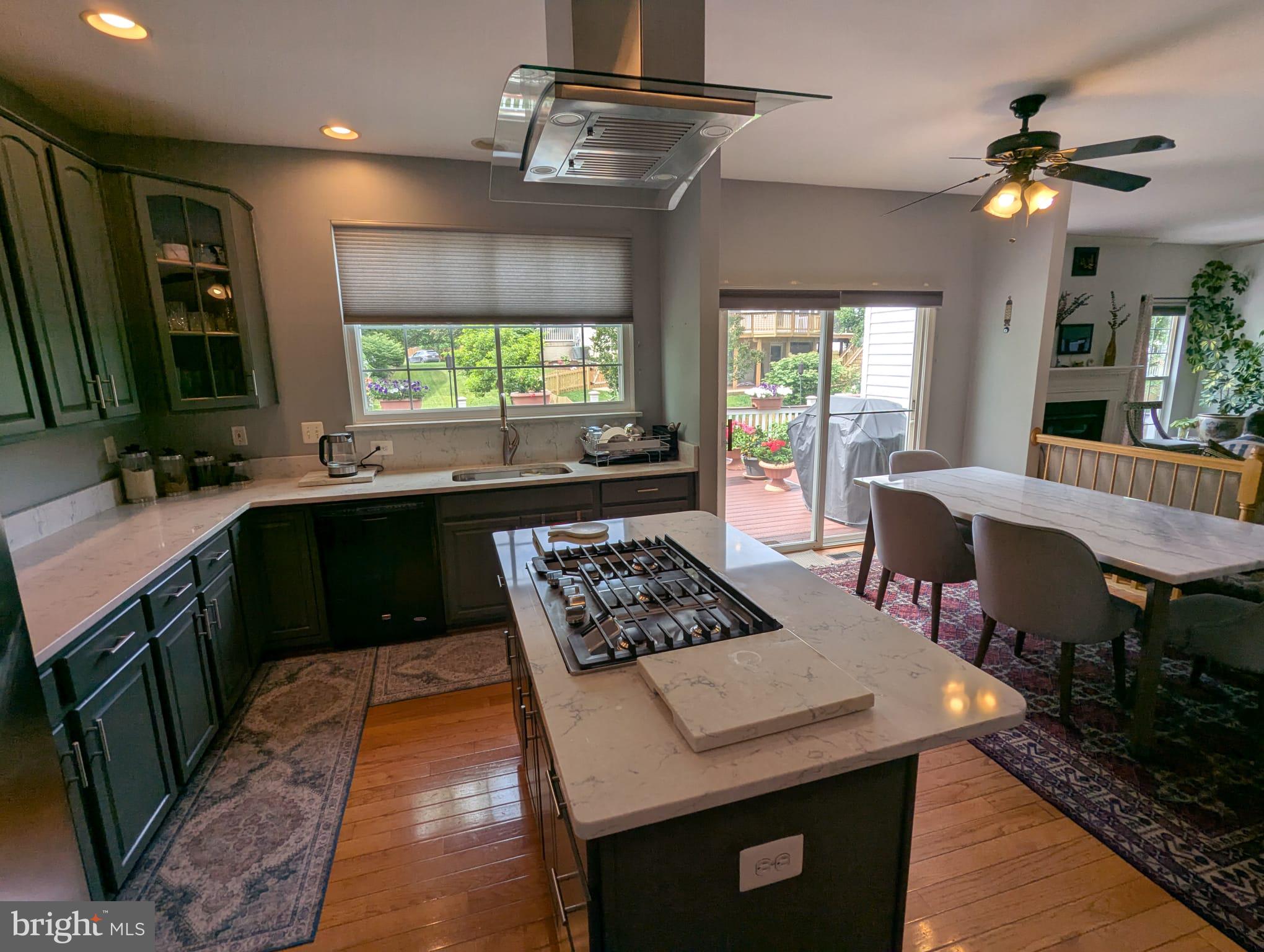 9871 Upper Mill Loop Bristow, VA 20136 - Photo 14 of 84 a kitchen with a stove a sink dishwasher and a dining table with wooden floor
