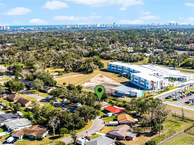 a view of a swimming pool with an ocean