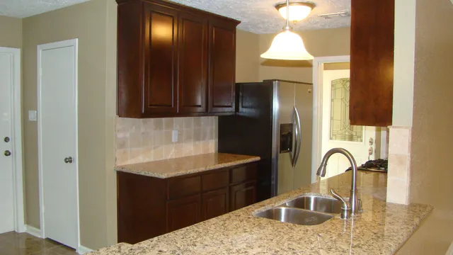 a kitchen with a refrigerator and a sink