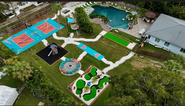 an aerial view of a swimming pool