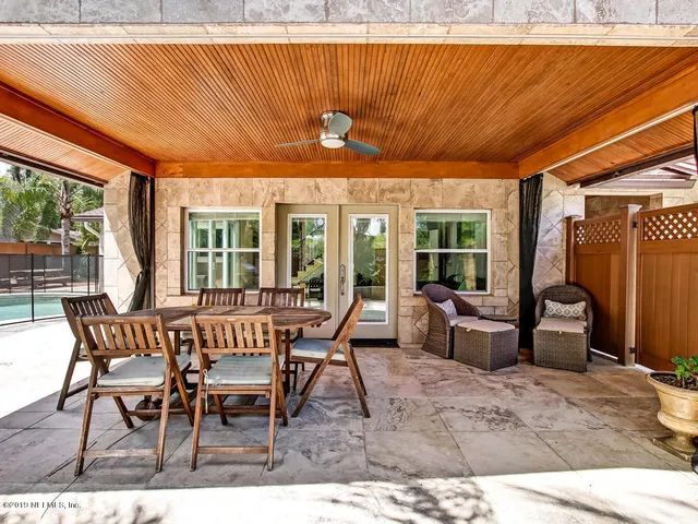a backyard of a house with plants and large trees