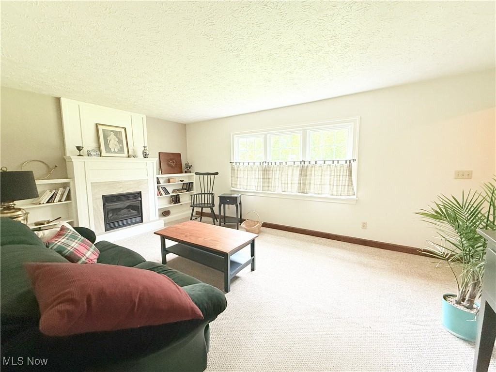 4901 Kings Creek Road Weirton, WV 26062 - Photo 3 of 28 Living area with carpet flooring, a fireplace, and a textured ceiling