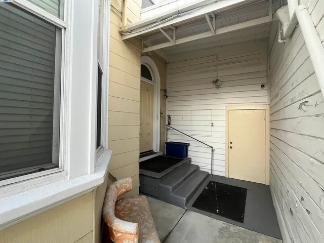 a porch with seating space