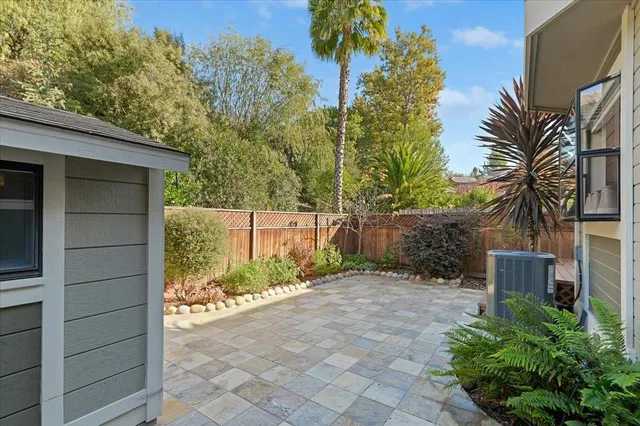 a backyard of a house with potted plants and palm trees