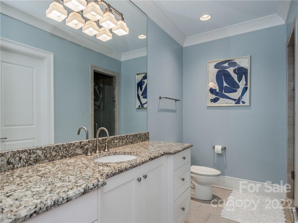14140 Claysparrow Road Charlotte, NC 28278 - Photo 34 of 48 a bathroom with a granite countertop sink a large mirror and toilet