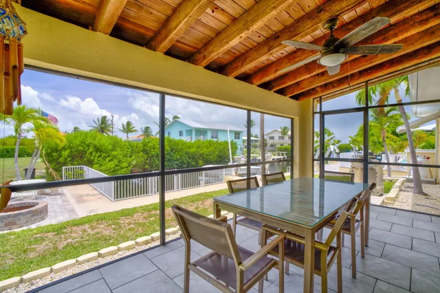 a dining room with furniture and garden view