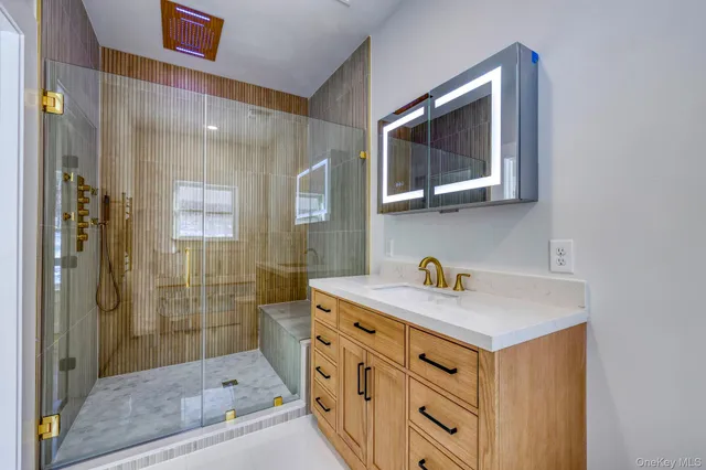 a bathroom with a sink a mirror and a shower