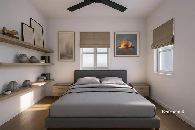 a bedroom with a bed and lamp