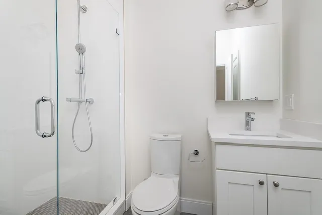 a bathroom with a toilet sink vanity and shower