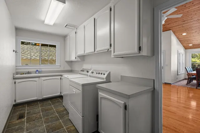 a view of a yard with plants and trees