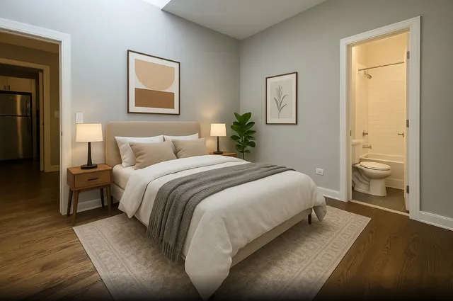 a bedroom with a bed and painting on the wall