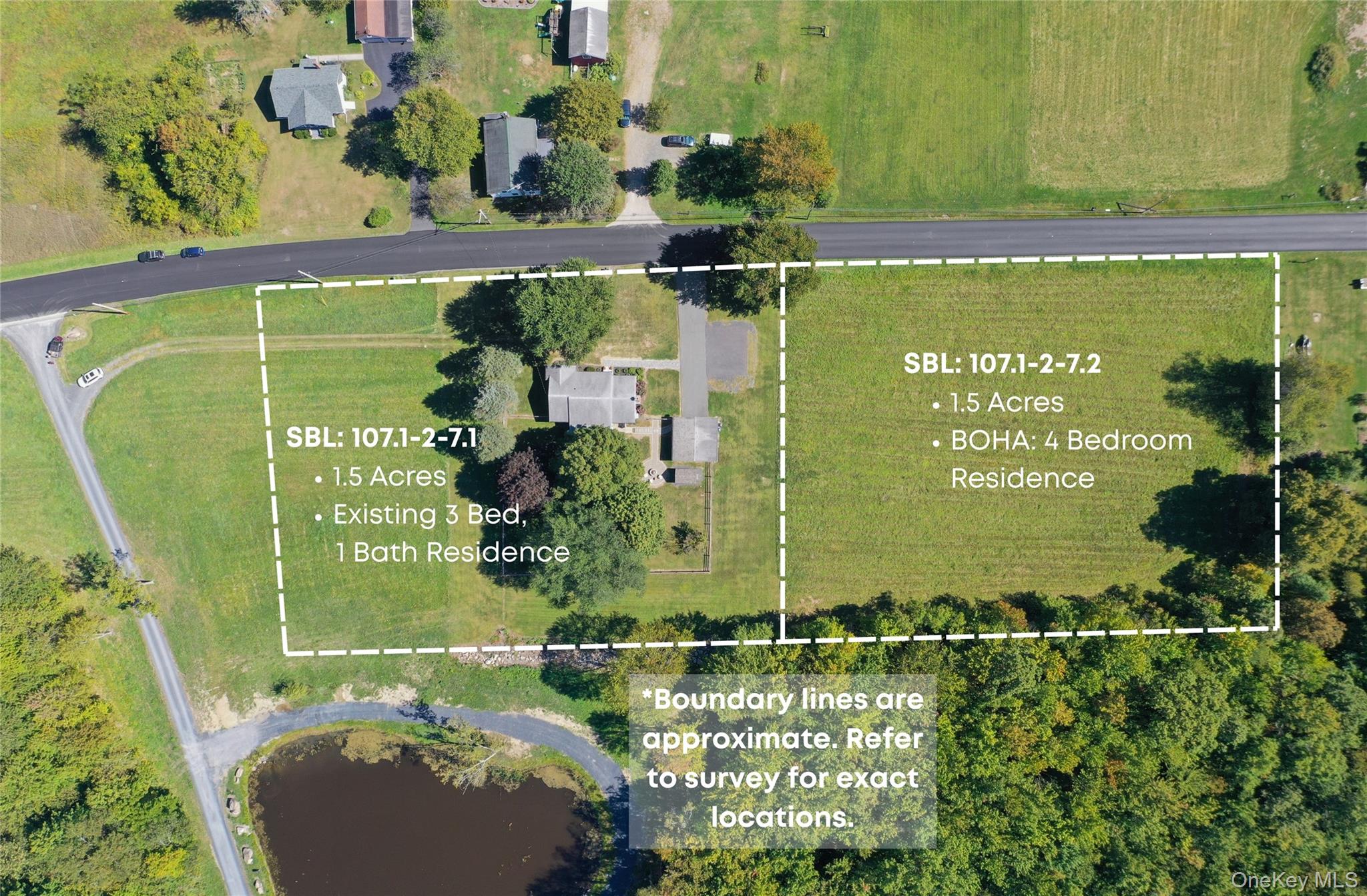 View of both parcels. Right side is 1.5 acre building lot.  To the left is the existing home along with a portion of the grass area to the left makes up another 1.5 acre parcel.