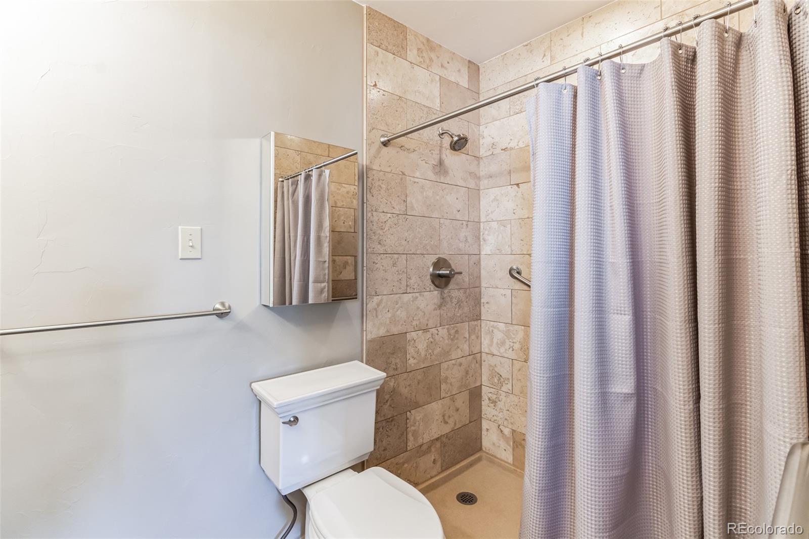 2435 South Race Street Denver, CO 80210 - Photo 11 of 33 a white toilet sitting next to a shower curtain