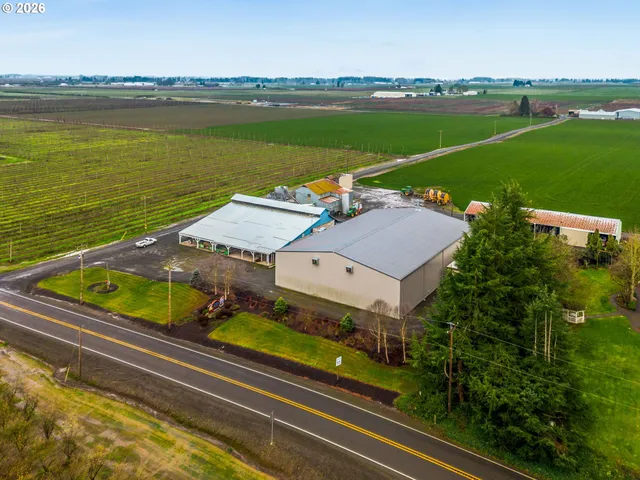 an aerial view of a house with a garden and lake view