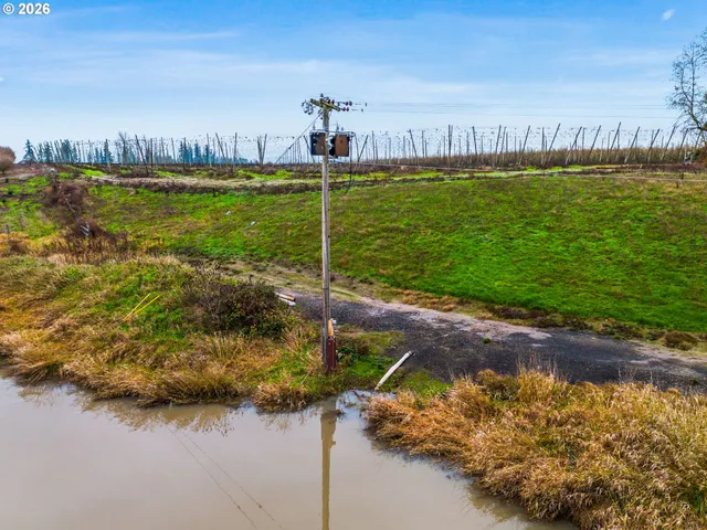 a view of a swimming pool with a lake and trees in the background
