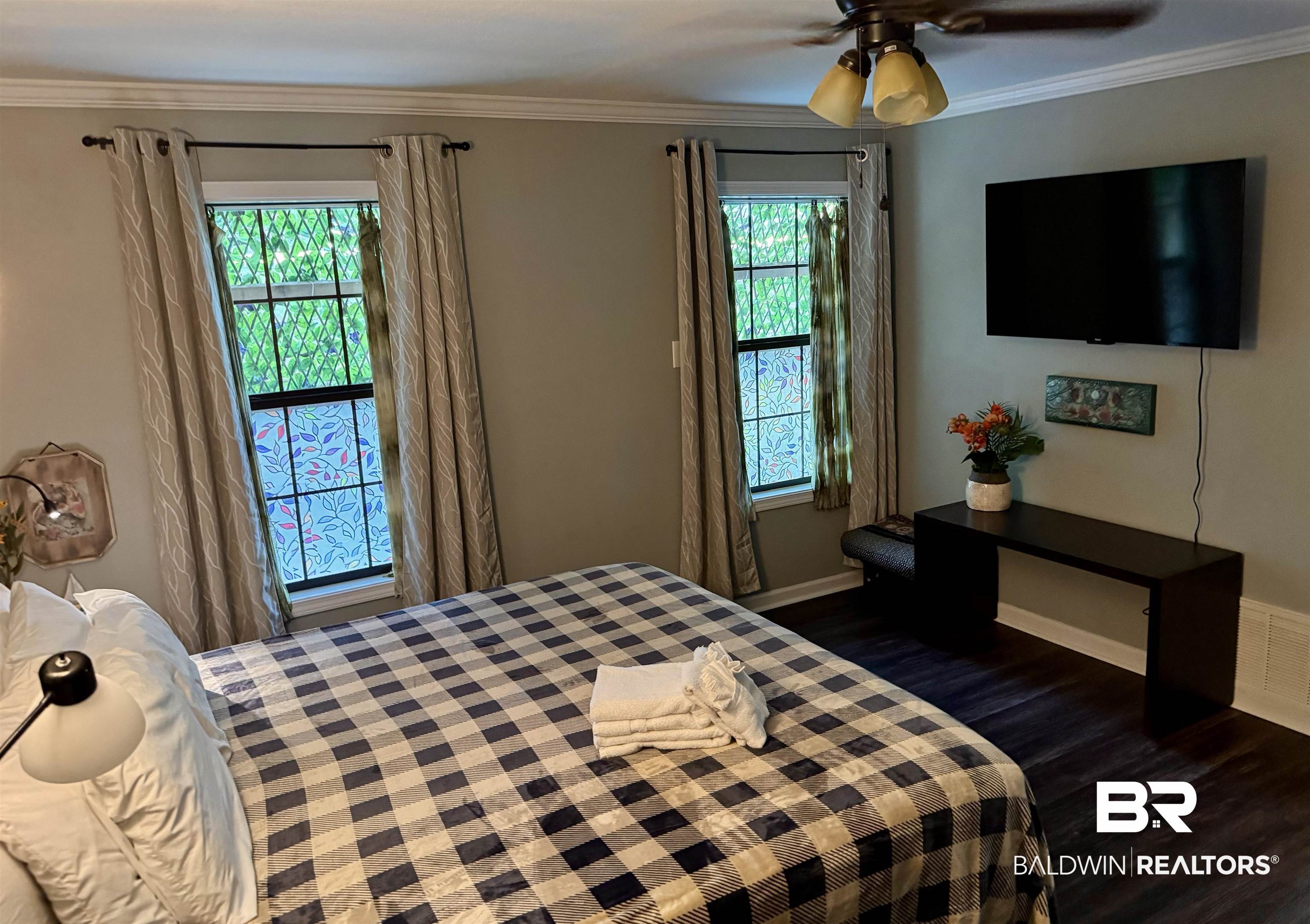 1302 Oak Street Daphne, AL 36526 - Photo 13 of 34 Bedroom featuring crown molding, dark wood-type flooring, and ceiling fan