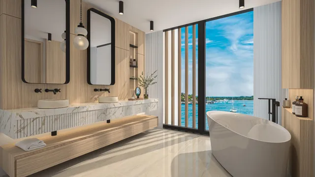 a bathroom with a double vanity sink a mirror and a bathtub