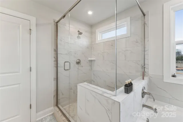 a bathroom with a shower and a sink